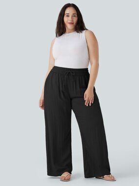 NWT LADIES SIZE 1X HALARA BLACK LINEN FEEL DRAWSTRING HIGH WAISTED WIDE LEG PANT